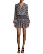 Long-sleeve Smocked V-neck Dress, Black/multicolor