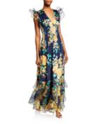 Floria Floral-print V-neck Sleeveless Smocked Ruffle Gown