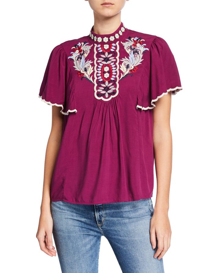 Mock-neck Embroidered Boho Top