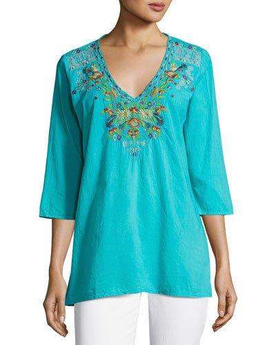 Mary Ann Embroidered Blouse, Turquoise