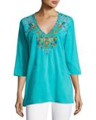 Mary Ann Embroidered Blouse, Turquoise