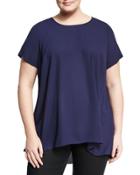 Short-sleeve High-low Hem Blouse, Navy,