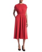 Sleeveless Gathered-bodice A-line Kimono Midi Crepe Dress With Pockets