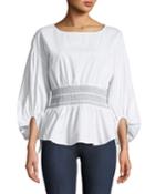 Smocked-waist Blouson-sleeve Blouse