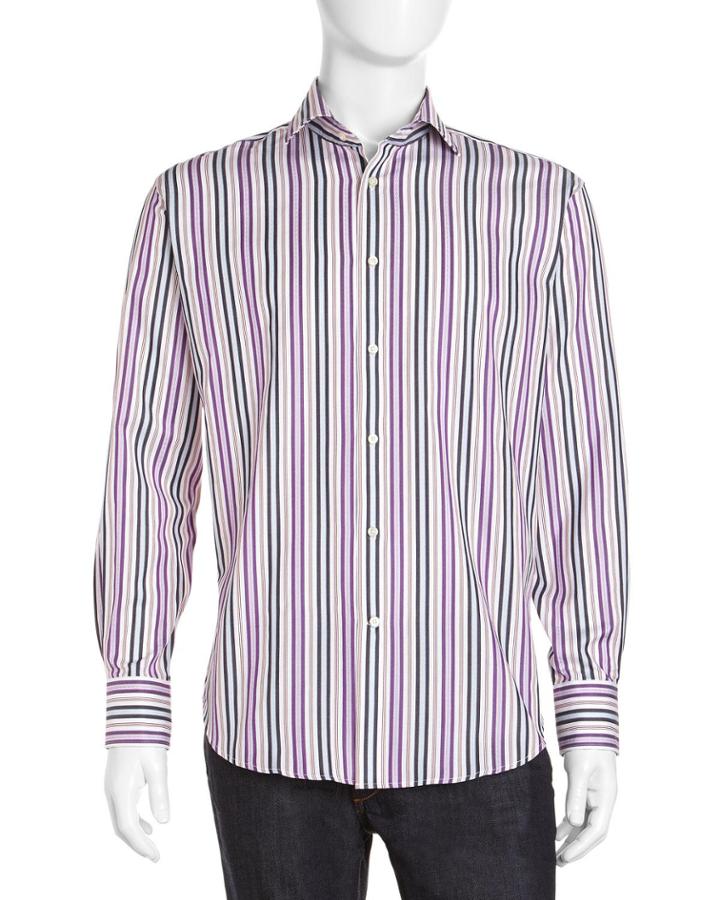 Neiman Marcus Striped Sport Shirt, Purple - (xxl)