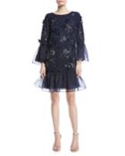 Tunic-cut Cocktail Dress With 3d Flowers & Organza Ruffles