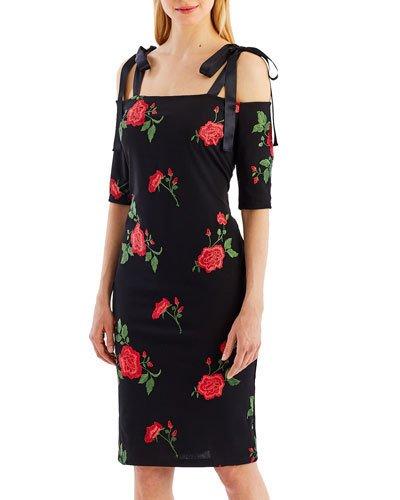 Floral-embroidered Cold-shoulder Dress