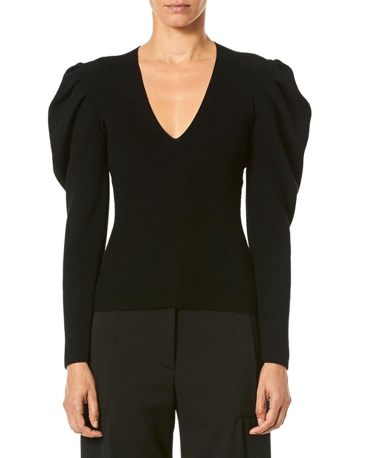 V-neck Puff-sleeve Fitted Knit Pullover