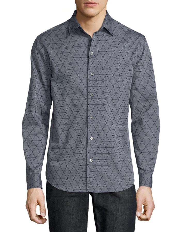 Men's Geometric-flocked Button-front Long-sleeve Cotton Woven