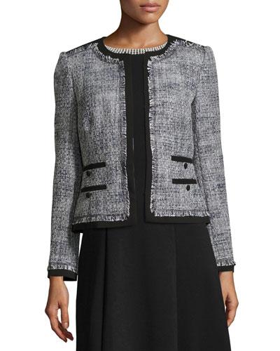Frayed-trim Tweed Jacket, Black