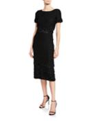 Bateau-neck Short-sleeve Glimmering Tweed Dress W/ Fringe Trim