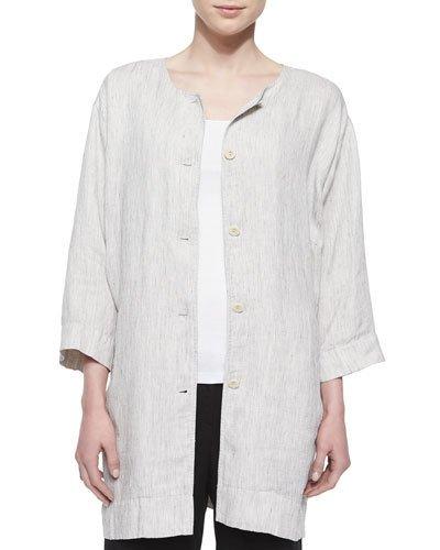 Button-front Striped Slub Long Jacket,