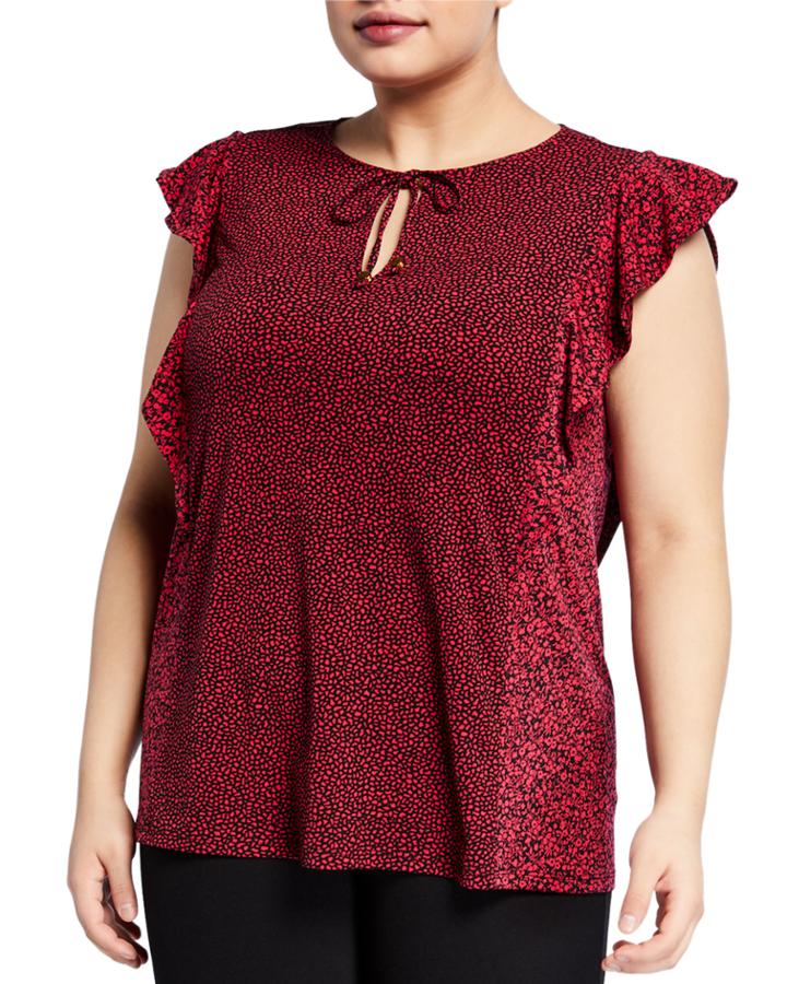 Plus Size Stretch Floral-print Blouse W Ruffles