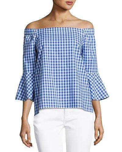 Off-the-shoulder Gingham Blouse, Blue/white