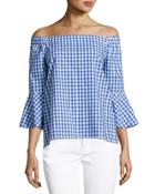 Off-the-shoulder Gingham Blouse, Blue/white