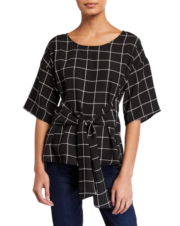 Windowpane 1/2-sleeve Tie-waist Top
