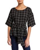 Windowpane 1/2-sleeve Tie-waist Top