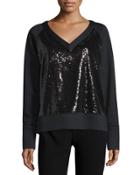 Long-sleeve Embellished-front Sweatshirt, Black