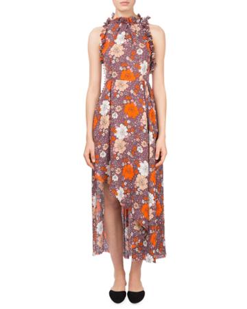 Assisi Floral-print Ruffle Open-back Halter Cocktail Dress