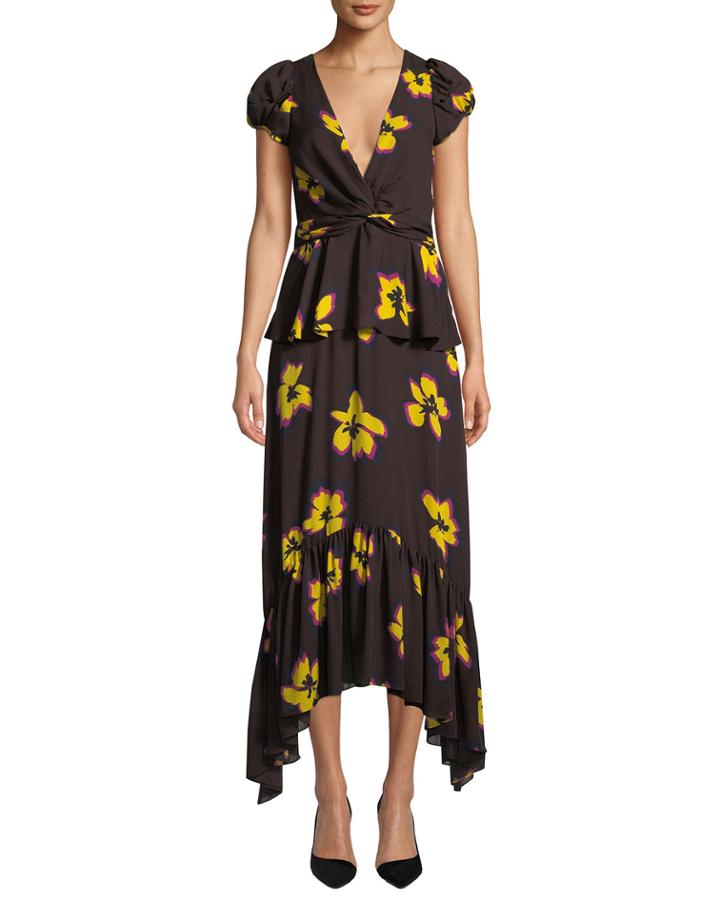 Zadie Floral Silk Peplum Handkerchief Dress