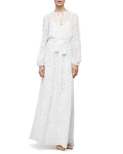 Long-sleeve Floral-embroidered Maxi Peasant Dress, White