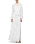 Long-sleeve Floral-embroidered Maxi Peasant Dress, White