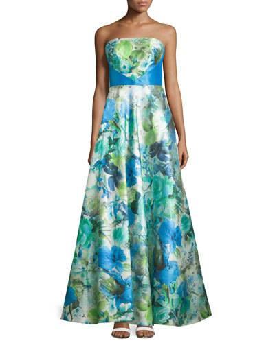 Watercolor-print Strapless A-line Gown, Azure Floral