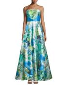 Watercolor-print Strapless A-line Gown, Azure Floral