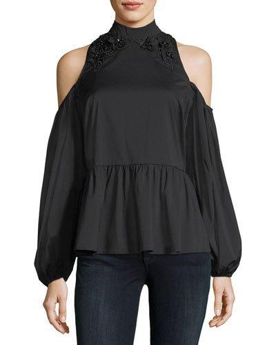 Poplin Cold-shoulder Blouse, Black