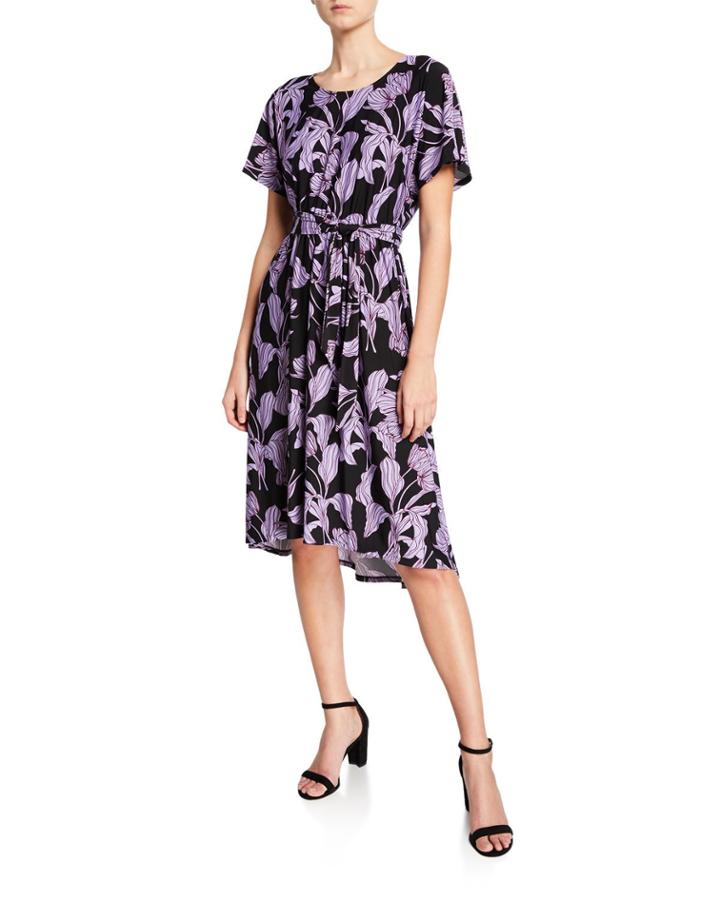 Floral Tie-front Dolman-sleeve Dress