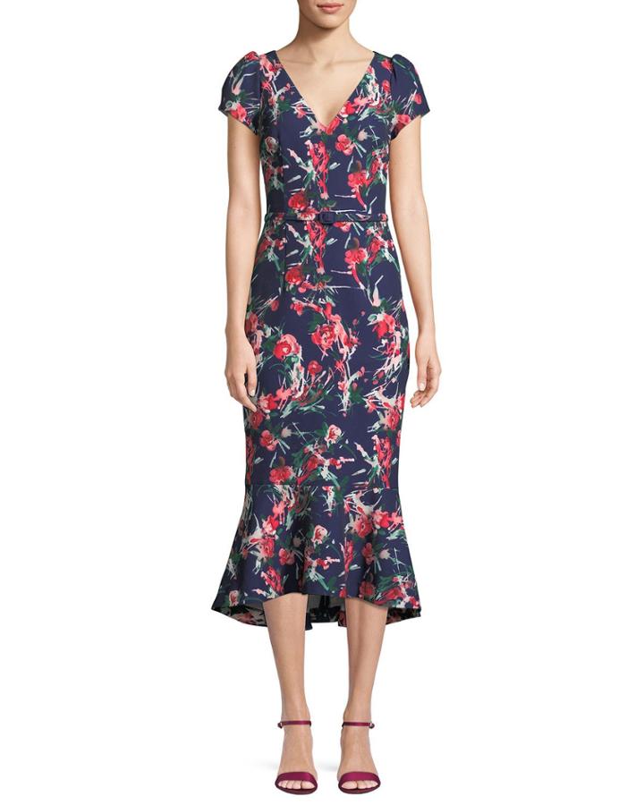 V-neck Floral-print Flutter Belted Dress