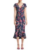 V-neck Floral-print Flutter Belted Dress