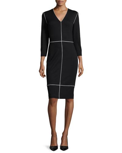 Long-sleeve Two-tone Sheath Dress, Black