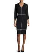 Long-sleeve Two-tone Sheath Dress, Black