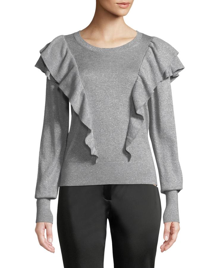 Centre Ruffle Frills Crewneck Metallic-knit