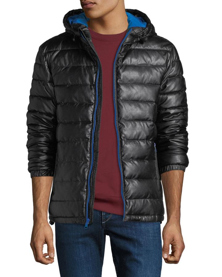 Hooded Faux-leather Quilted Jacket