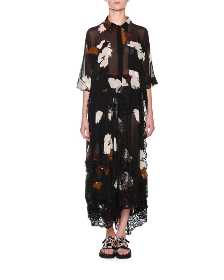 Short-sleeve Printed Chiffon Midi Shirtdress With