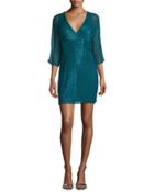 3/4-sleeve Beaded Cocktail Dress, Teal