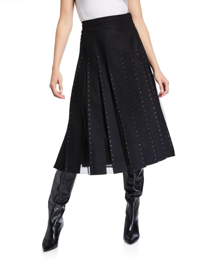Calf-length Pleated Skirt W/ Crystal-edge Tulle Inserts, Black
