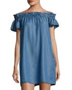 Ruffled Off-the-shoulder Dress, Blue