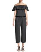 Off-the-shoulder Straight-leg Crinkle Cotton Jumpsuit