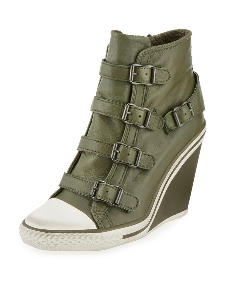 Ash Thelma Leather Wedge Sneaker, Military, Women's,