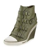 Ash Thelma Leather Wedge Sneaker, Military, Women's,