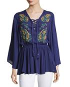 Plunge Lace-up Embroidered Peasant Top