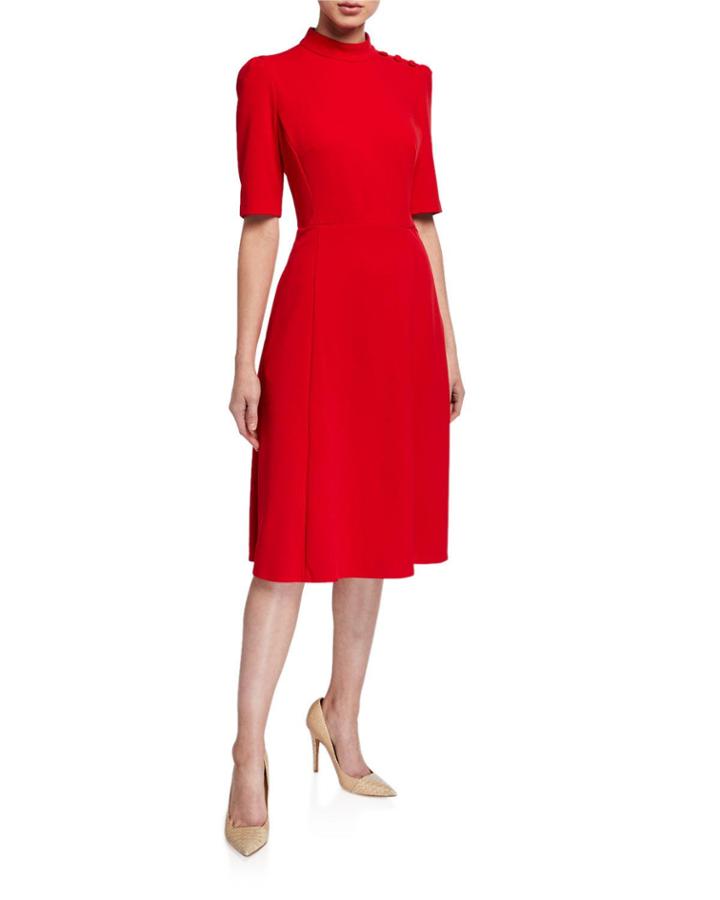 Elbow-sleeve Stretch Crepe Fit-and-flare Dress