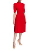 Elbow-sleeve Stretch Crepe Fit-and-flare Dress
