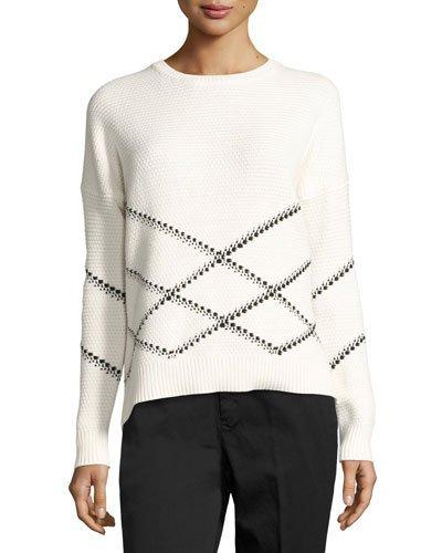 Graphic-stitch Pullover Sweater, White/black
