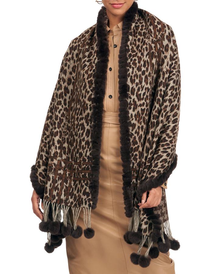 Double-face Wool Stole With Rex Rabbit Fur Pompoms, Brown