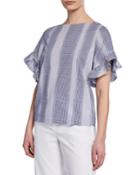 Striped Button-back Ruffle-sleeve Top