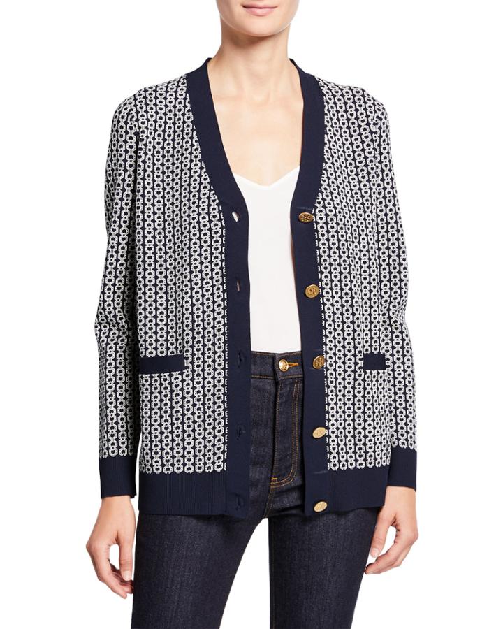 Gemini Link Jacquard V-neck Button-front Relaxed Cardigan